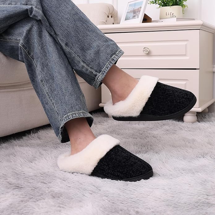 Evshine Warm Knit House Slippers for Women Comfy Wool-Like Lined Chenille Slippers with Memory Foam and Indoor Outdoor Soles