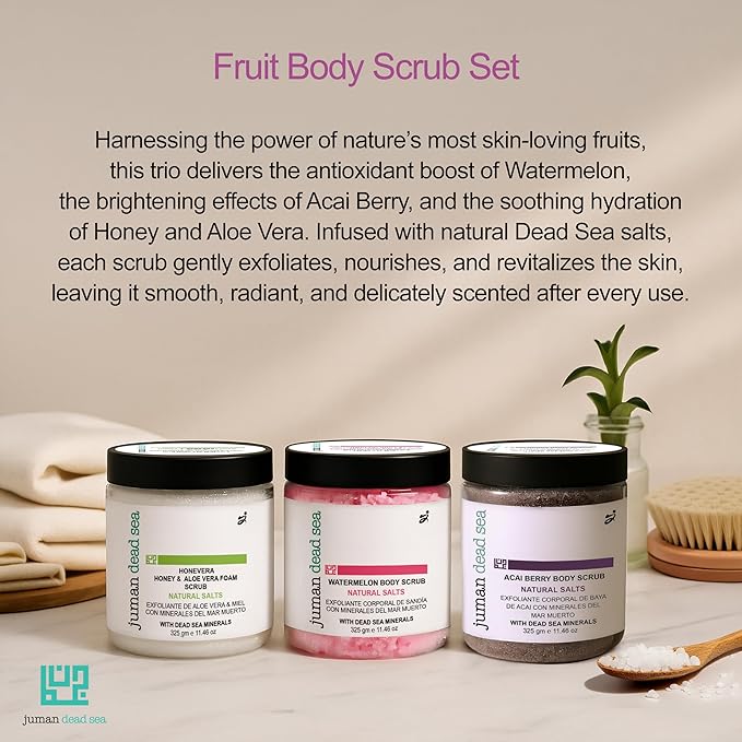 Juman Dead Sea Minerals Fruity Body Scrub Set | Infused with Essential Oils | Gently Exfoliates and Rejuvenates Skin | SlS & Paraben Free | Vegan | Scrub Pack of 3