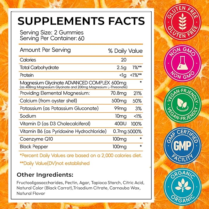 Magnesium Glycinate Gummies for Adults, High Absorption Magnesium Gummies with L-Threonate, Calcium, Vitamin B6, D3, Sugar Free Chews for Relaxation, Stress Relief, Night Rest