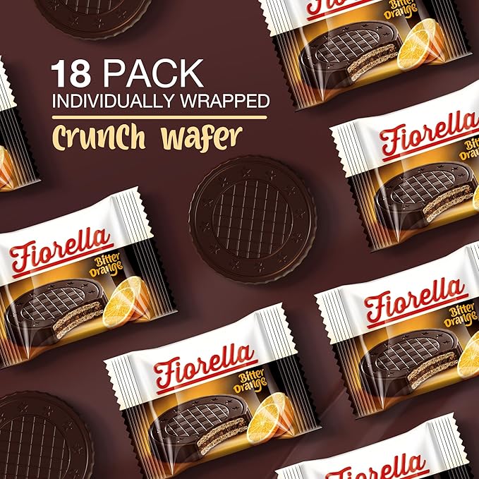 Fiorella Crunch Wafer Cookies, Dark Chocolate Covered Crispy Thin Crunch Wafers with Orange Cream Filling, Chocolate Biscuits, 18 Individually Wrapped Snacks, Pack of 1