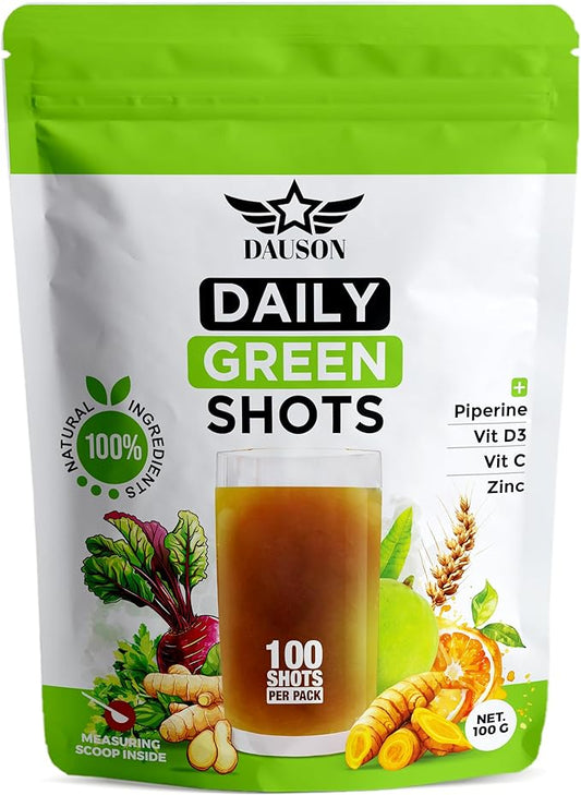 Daily Green Shots – Superfood Powder with Wheatgrass, Matcha, Beetroot, Ashwagandha, Turmeric & Prebiotics – Immunity & Energy Support – Vegan Greens Supplement – 100 Shots