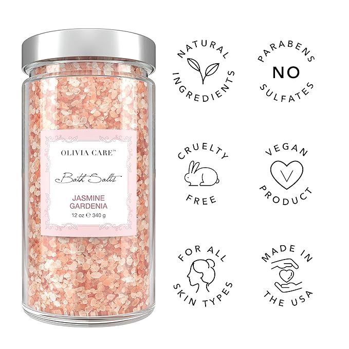 Olivia Care Pink Himalayan Bath Salts Exfoliate, Heal, Rejuvenate, Cleansing & Soothes Skin | Made with Natural Ingredients. Fresh Fragrance - 12 OZ (Jasmine Gardenia, 1 Pack)