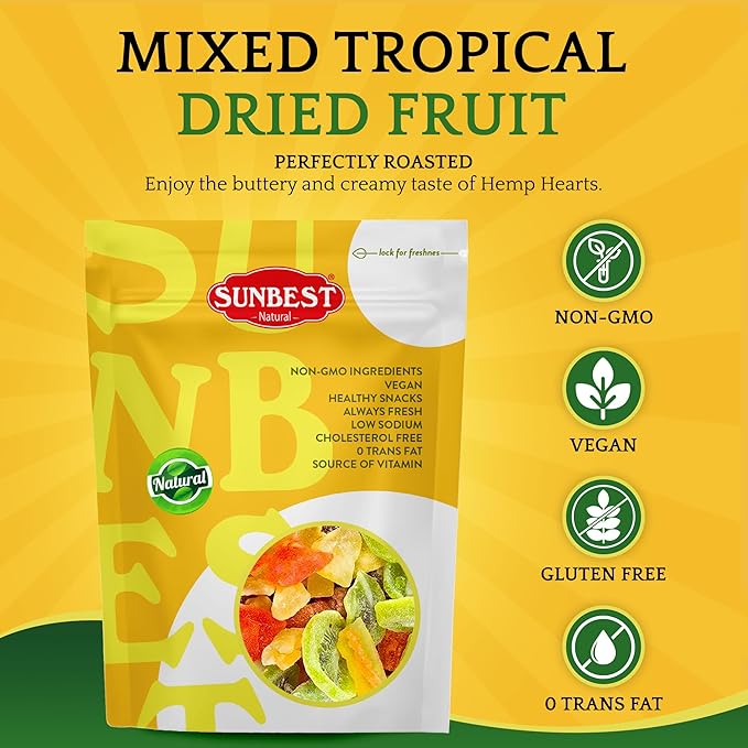 Sunbest Natural Tropical Dried Fruit Mix – 3 lb Bulk Bag (48 oz) – Mango, Pineapple, Papaya, Banana & Kiwi – Non-GMO, Vegan, Gluten-Free – Healthy Dried Fruit Snacks, Mixed Fruit for Baking & Cooking