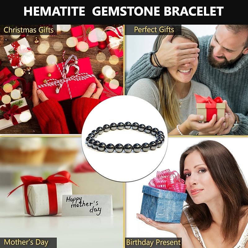 Hematite Crystal Bracelet – Healing Crystal Bracelet for Women and Men – 8mm Round Beaded Bracelet for Anxiety Relief – Elastic Adjustable Size Bead Calming Bracelet