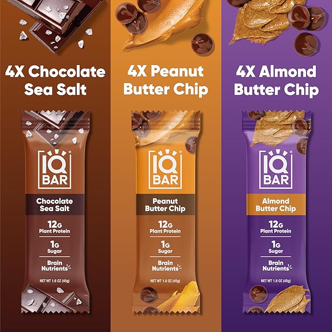 IQBAR Brain and Body Plant Protein Bars - Chocolate Lovers Variety - 12-Count Low Carb - Gluten Free, High Fiber, Vegan Snacks - Low Sugar Meal Replacement