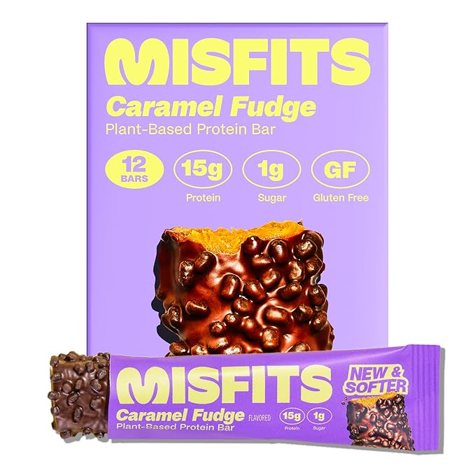 Misfits Vegan Protein Bars, Caramel Fudge - Updated Recipe | Plant Based, Low Sugar & Carb, High Fiber Snacks | Pack of 12