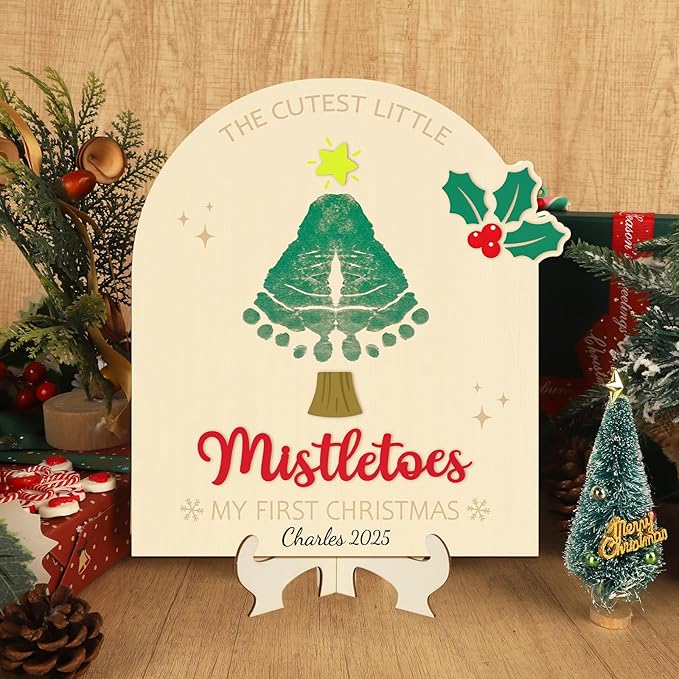 Sereliy Baby's First Christmas DIY Footprint Art Card, Wooden Christmas Tree Sign Keepsake Ornaments for Baby Shower Newborn Photoshoot Prop (Tree)