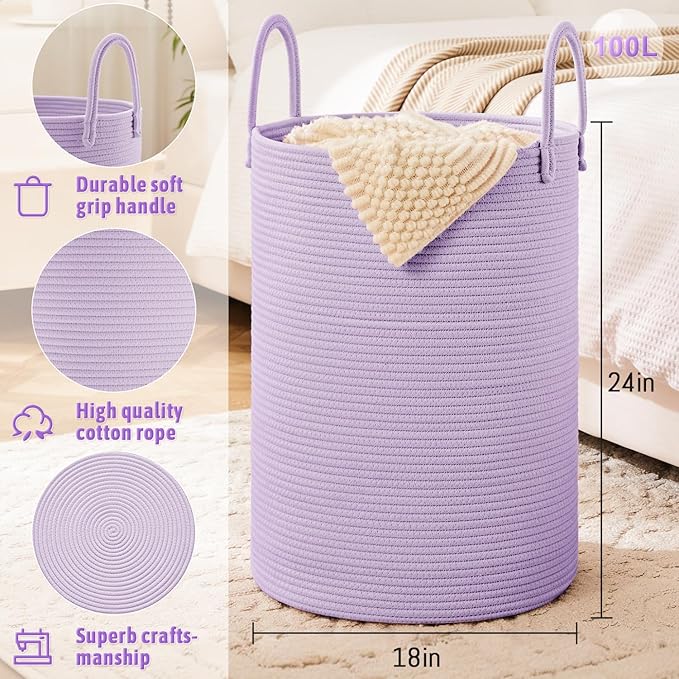 Laundry Basket,Woven Cotton Rope Laundry Hamper,100L for Decorative Storage of Dirty Clothes,Toys and Blankets in Bathroom,Baby Room and Living Room