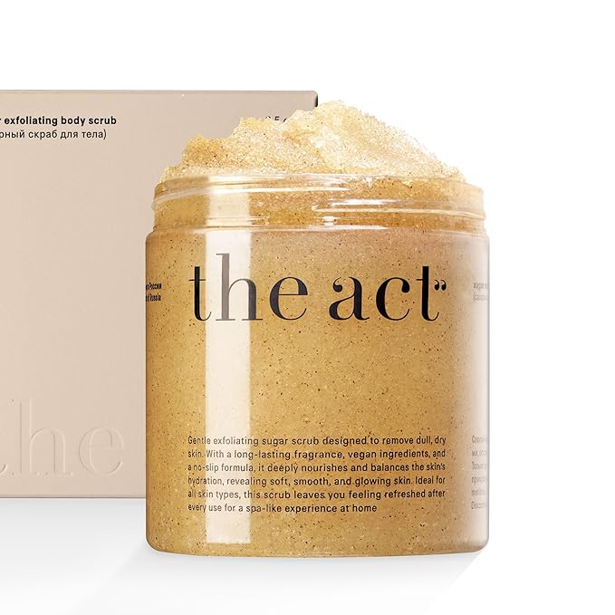THE ACT Sugar Exfoliating Body Scrub β Natural Body Polish for Smooth Skin β Gentle Skin Care with Shea, Almond, Macadamia, Green Coffee, Vegan β Self Care Gift for Women