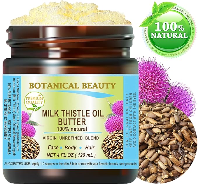 Botanical Beauty MILK THISTLE OIL BUTTER Silybum marianum 100% Natural for FACE, SKIN, BODY, HAIR, NAILS, Foot Care. Foot Oil butter, Skin Moisturizer (4 Fl Oz)