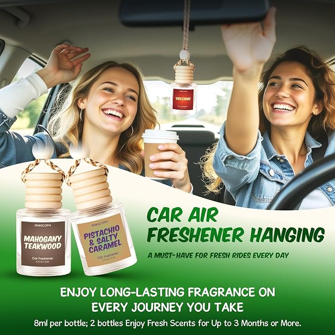 Car Air Freshener Diffuser 6 Pack Hanging Air Freshener, Vanilla Cream, Pink Sparkle Champagne, Mahogany Teakwood, Pistachio & Salty Caramel, Jasmine Dragonfruit and Volcano Scents for Women
