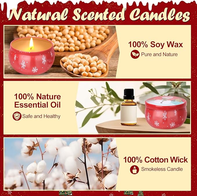 Christmas Scented Candles Gifts for Women, Soy Wax Candles with Essential Oils Aromatherapy Candles for Home Scented, Stress Relief, Bath,Yoga, Christmas Thanksgiving Gift, 6 PCS