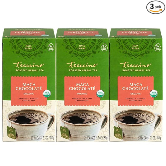 Teeccino Maca Chocolaté Herbal Tea - Adaptogenic Peruvian Maca, Cacao, Chicory, Prebiotic, Caffeine Free, Acid Free, Coffee Alternative, 25 Tea Bags (25 Count (3 Pack))