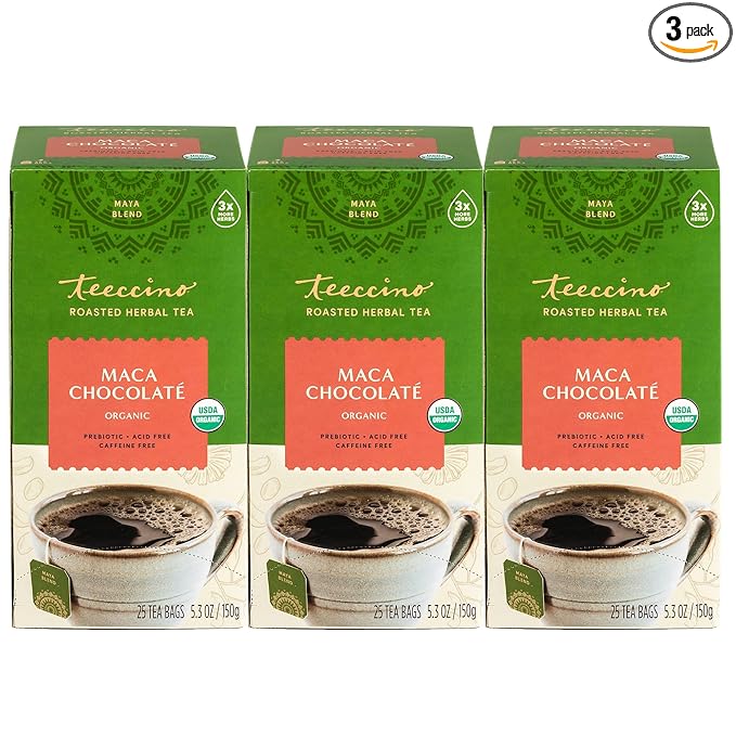 Teeccino Maca Chocolaté Herbal Tea - Adaptogenic Peruvian Maca, Cacao, Chicory, Prebiotic, Caffeine Free, Acid Free, Coffee Alternative, 25 Tea Bags (25 Count (3 Pack))