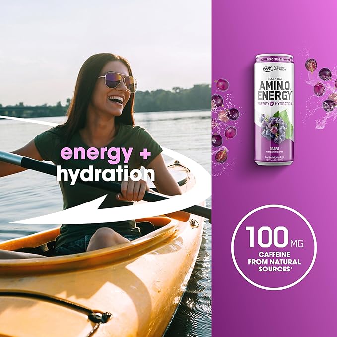 Optimum Nutrition Amino Energy Sparkling Hydration Drink, Electrolytes, Caffeine, Amino Acids, BCAAs, Sugar Free, Grape, 12 Fl Oz, 12 Pack (Packaging May Vary)