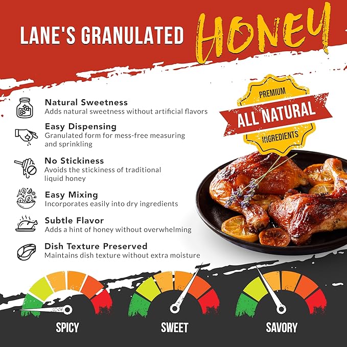 Lane's Granulated Honey Seasoning, All-Natural Caramelized Granulated Powdered Honey Dust Blend with Honey Sugar Cane, No MSG, Made in USA, 10.5 Oz
