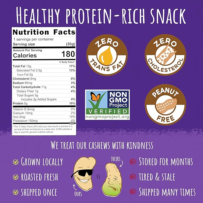 Sunshine Nut Company Whole Roasted Lightly Salted Cashews, Sugar and Spice Flavor, 12-Pack, 1.05 oz. Each, Gluten Free, Peanut Free and Vegan Individual Snack Packs for Kids and Adults, GMO Free