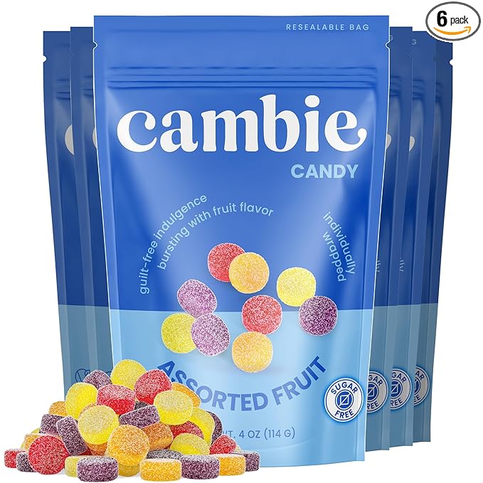 Cambie Sugar Free Candy - Pack of 6 Assorted Fruit Gummies, Individually Wrapped, Low Calorie, No Aftertaste, Small & Delicious Guilt-Free Low Carb Keto Sugar Free Candy
