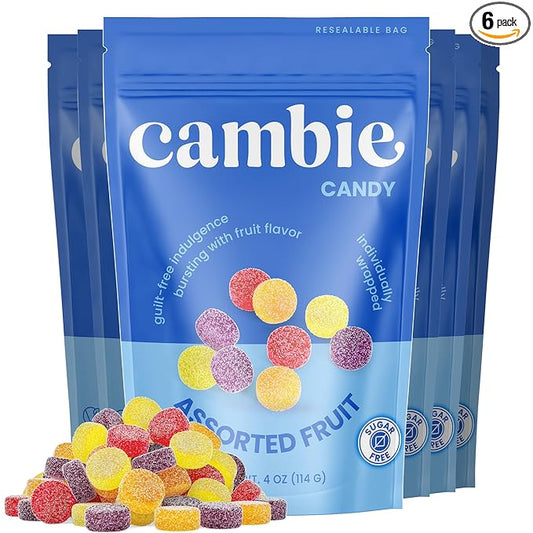 Cambie Sugar Free Candy - Pack of 6 Assorted Fruit Gummies, Individually Wrapped, Low Calorie, No Aftertaste, Small & Delicious Guilt-Free Low Carb Keto Sugar Free Candy