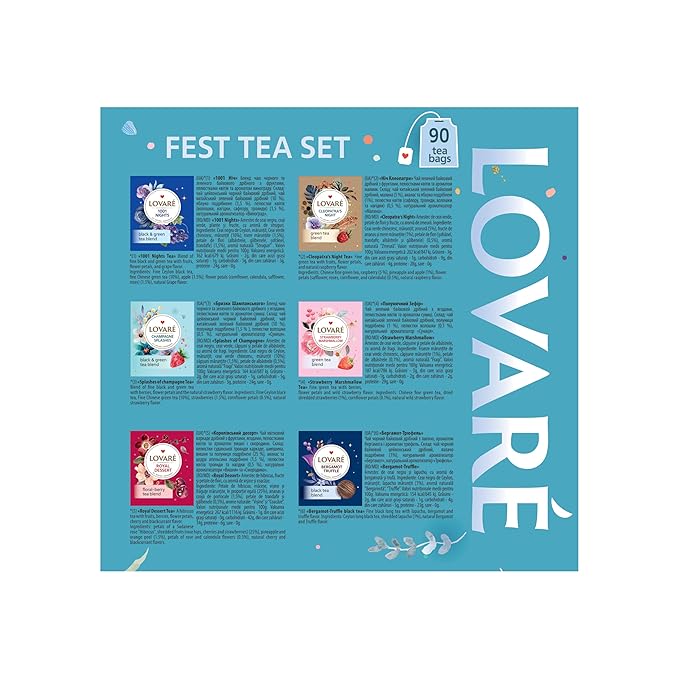 LOVARE Black and Green Tea Bags Variety Pack - Made in Ukraine Tea Sampler - Individually Wrapped 90 Assorted Tea Bags - Gift Box For Tea Lovers (FEST TEA SET)