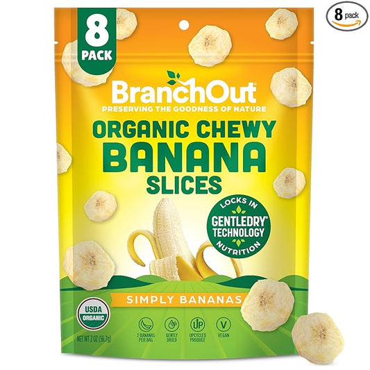 BranchOut Chewy Banana Slices, No Sugar Added, GentleDry Locks in Nutrition, Better than Freeze Dried Banana Chips, Healthy Vegan Halloween Fruit Snacks for Kids & Adults, 2 oz Snack Size (Pack of 8)