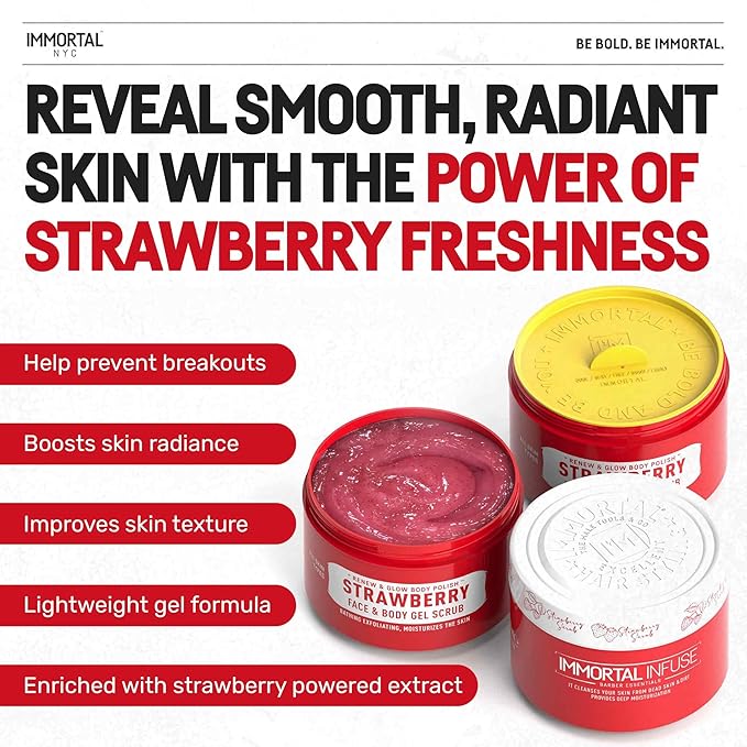 Immortal NYC Strawberry Crush Face & Body Scrub Mask Gel- Moisturizing and Exfoliating Body, Face, Hand, Foot Scrub - Fights Acne, Fine Lines & Wrinkles, Great Gifts For Women & Men - 10 oz