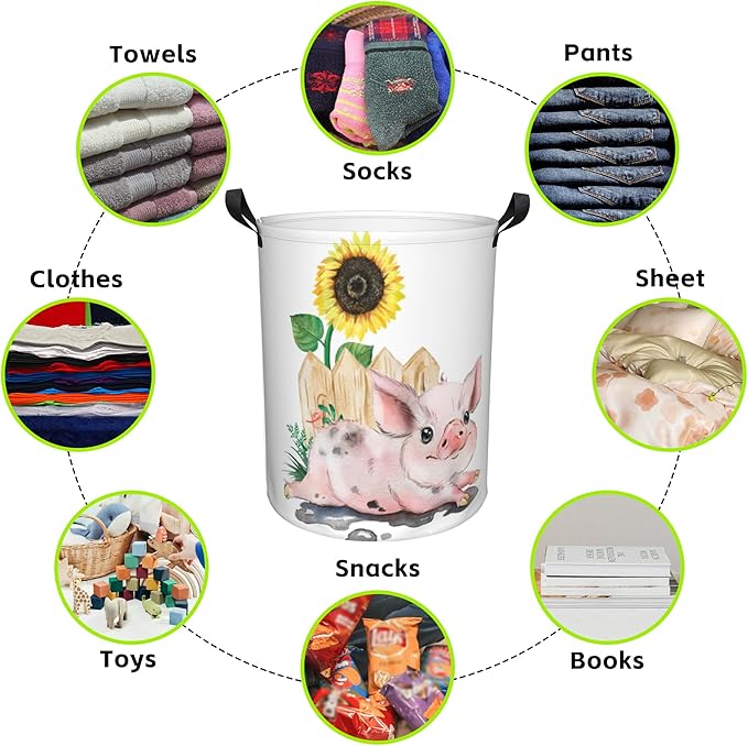 Laundry Basket Cute Pig with Sunflower Laundry Hamper Large Laundry Basket Storage Basket Tote Bag Collapsible Organizer Basket for Bathroom,Laundry,Bedroom 17.3 x16.5 Inch