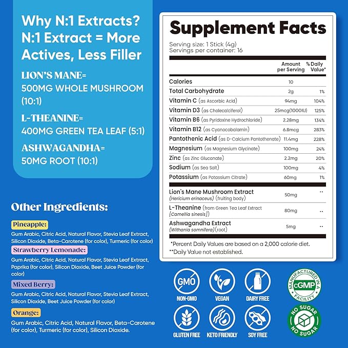 Venture Pal Calming Powdered Drink Mix, Magnesium Glycinate, Ashwagandha, L-Theanine,Vitamin D, Lions Mane, Sugar Free Magnesium Supplement Blend for Relax & Focus, Non GMO, Vegan, On The Go