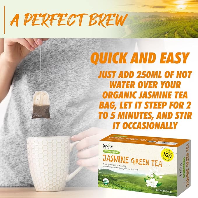 Fusion Organic Jasmine Green Tea - 200 Counts, Relaxing Jasmine Tea Bags, Floral Fragrance