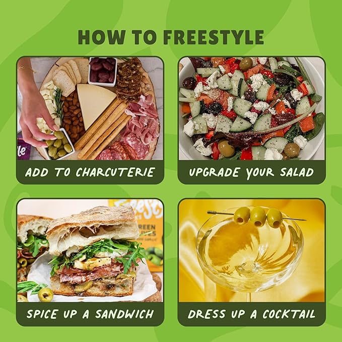 Freestyle Snacks Olive Snack Packs - Single Serve - Fresh Pitted Green Olives, Jumbo-Sized, Grown in Greece, All Natural, Non-GMO, Paleo, Sugar-Free, Keto, Salty Snack - Variety, 1.1oz (6 Pack)