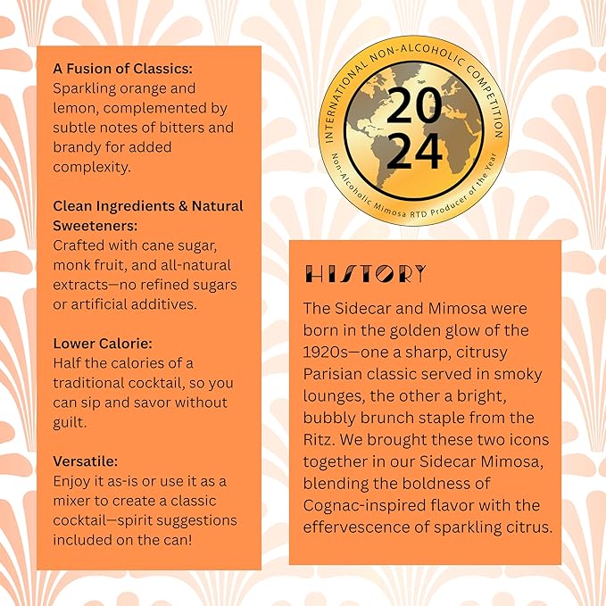 Blind Tiger Sidecar Mimosa 4-Pack | Orange, Lemon & Bitters Non-Alcoholic Sparkling Mocktail| Crafted with Natural Ingredients | Mixers, Cocktails, Mocktails | 8.4 fl oz Cans