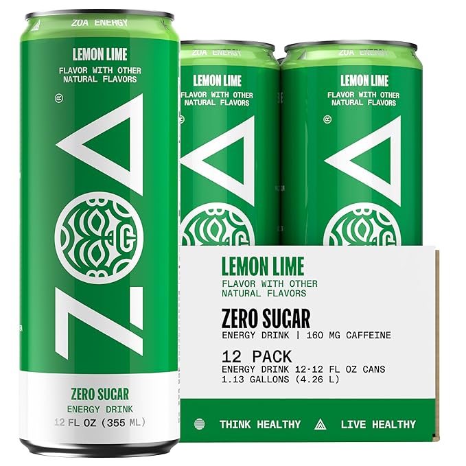 ZOA Energy Sugar Free Energy Drinks With Electrolytes For Hydration, Lemon Lime - 12 Fl Oz (12-Pack)