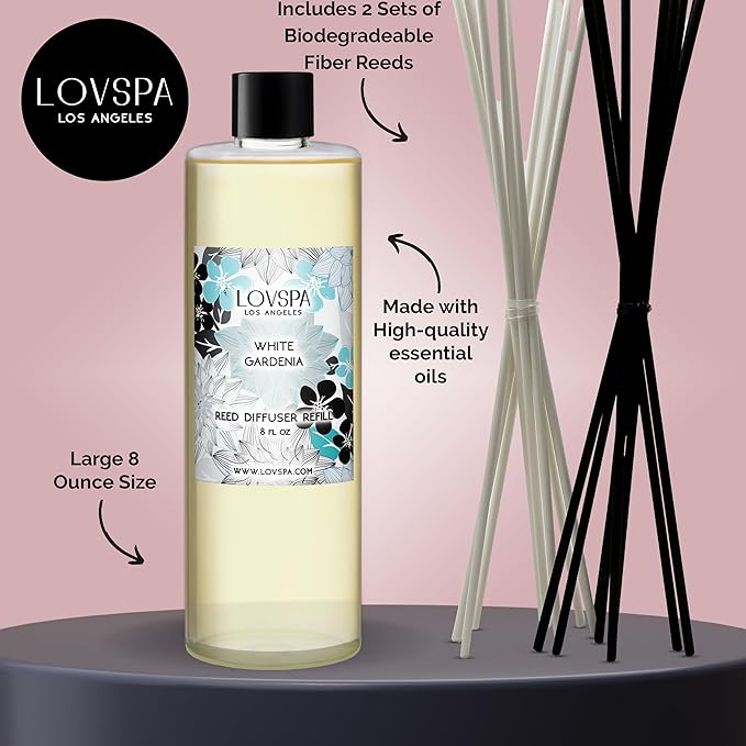 LOVSPA White Gardenia Diffuser Oil - Essential Oils for Diffuser Refill & Air Freshener Room Spray - Long-Lasting & Natural Home Fragrance, Scented Oil for Diffusers, USA Made, 8 oz