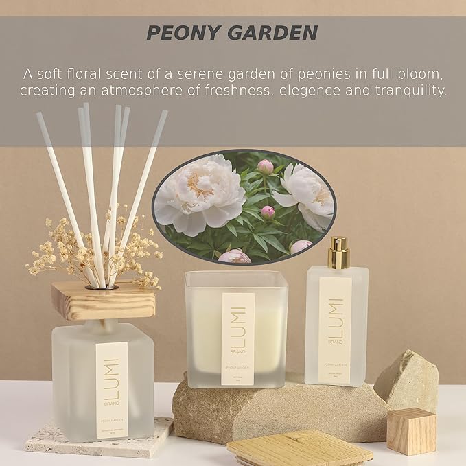 Luxury Aroma Gift Set | Peony Garden | Reed Diffuser (200ml), Wood Wick Soy Candle (200g), Room Spray (50ml) | Includes Dried Flowers & 8 Reeds | Home Fragrance Gift for Women & Home Décor