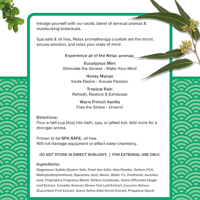 Relax Spa & Bath, Epsom & Dead Sea Salts, Aromatherapy Bath Salts for Hot Tub, Bath, or Spa, Infused with Magnesium, Eucalyptus Mint Scent