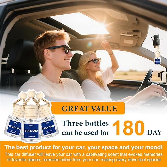 Hanging Car Air Freshener (Pack of 3) : Luxury Car Perfume for Women Men | Cute & Reusable Bottle with 45+ Days Long-Lasting Fragrance Oil Diffuser, Volcano