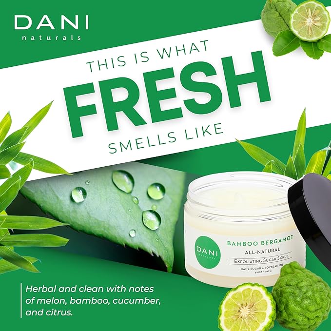 DANI Naturals Sugar Scrub - Exfoliating Bamboo Bergamot – Organic cane sugar and shea butter gently exfoliate and nourish skin, leaving it smooth, refreshed, and hydrated – 14 oz