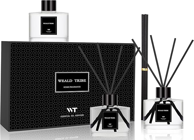 WEALD TRIBE Reed Diffuser Set Of 3 For Bathroom Air Fresheners, Oil Defusers Sticks | Bamboo, Sage & Sea Salt, Sandalwood Ebony Scent(1.7 fl oz Each Pack) Home Fragrance With 12 Sticks | Shelf Decor