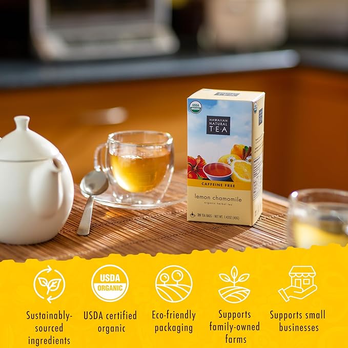 Organic Lemon Chamomile Tea - Caffeine Free Herbal Tea - Supports a Good Night’s Sleep, Calming, Relaxing for Bedtime, Anxiety & Stress, 20 Bags