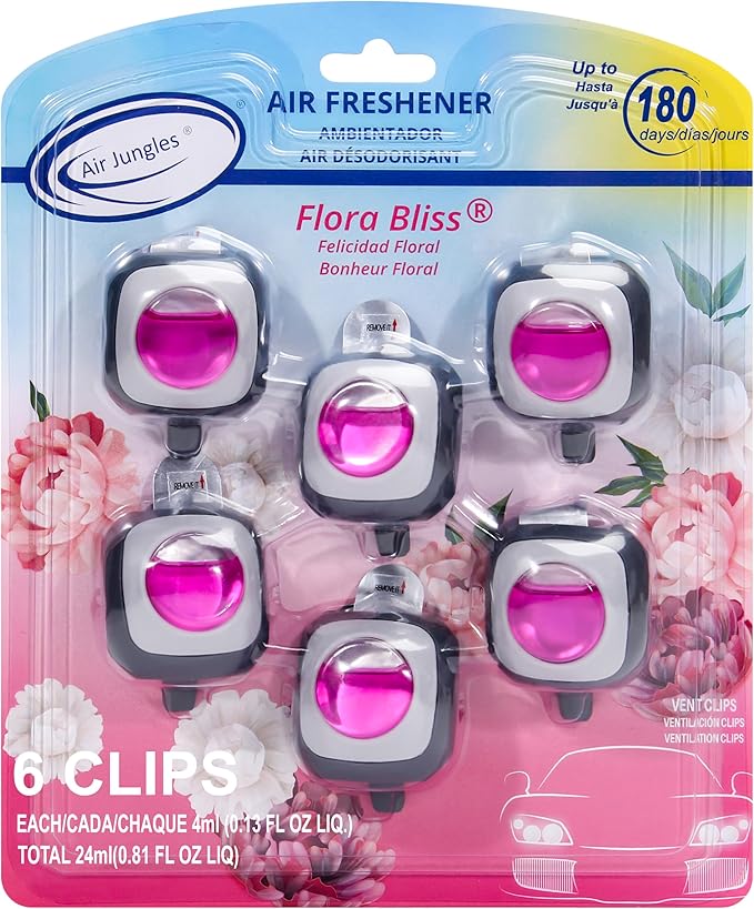 Air Jungles Flora Bliss Scent Car Air Freshener Clip, 6 Vent Clips, 4ml Each, Long Lasting Air Freshener, Up to 180 Days Car Refresher Odor Eliminator