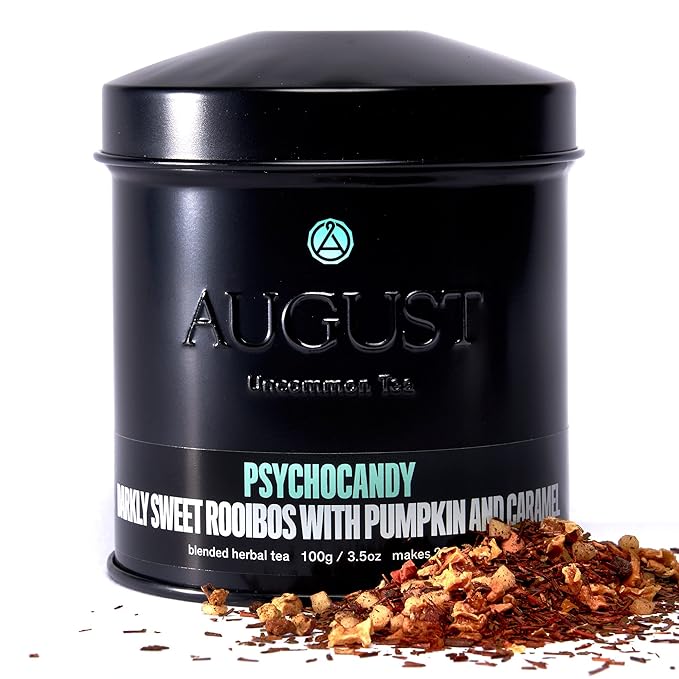 August Uncommon Psychocandy Loose Leaf Tea – Roasted Pumpkin Caramel South African Rooibos Tea – Vegan, Gluten-Free & Non-GMO – Creamy Caramel Flavor for Bedtime – Resealable 3.5oz Tin (28-56 Cups)