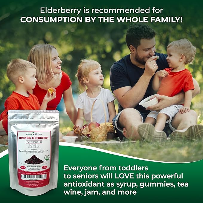 Green Hill Tea Elderberry Herbal Tea - Immune System Boosting Fruit Herbal Tea Blend - Caffeine-Free Relaxing Drink, Hot tea or Iced Tea - resealable foil bag 4 OZ
