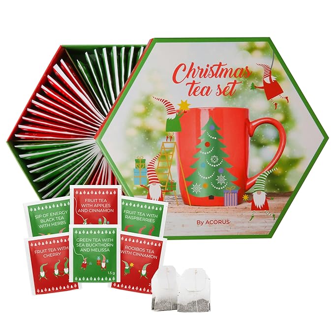 ACORUS Christmas Tea Set, Herbal Fruit Tea Gift Set, 60 Assorted Tea Bags Variety Pack, Herbal Tea and Fruit Tea Sampler, Specialty Tea Bags Individually Wrapped, Tea Gifts for Women, Men, Tea Lovers