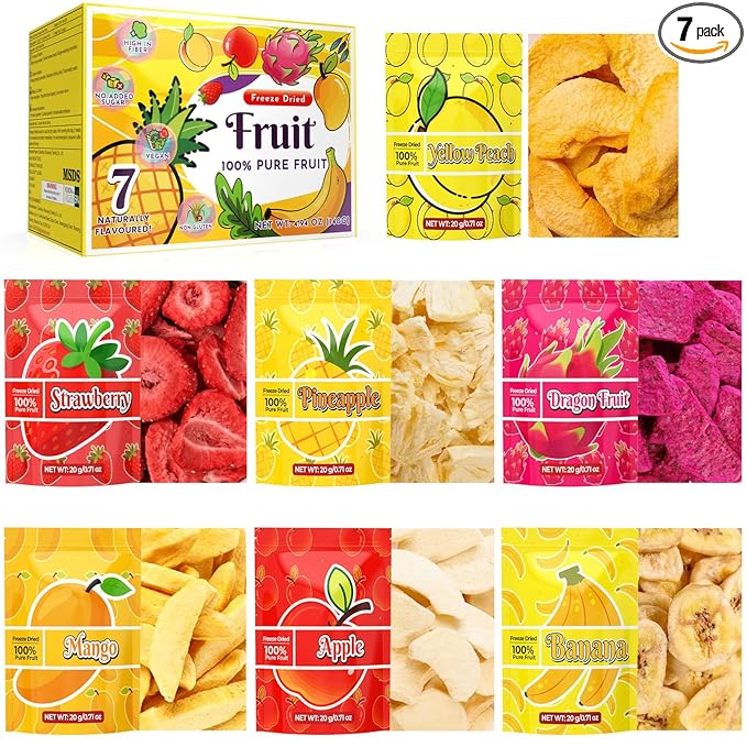 Freeze Dried Fruit Set - 140g Natural Fruit Snacks, Gluten Free, Sugar Free, Healthy Snacks for Kids, 100% Pure Fruits, Great for Lunch, Cereal, Smoothies, Food Gifts, Pack of 7-0.71 oz Each
