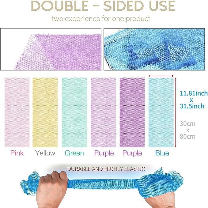UJFQBH 6 Pieces African Bath Sponge African Net Long Net Bath Sponge Exfoliating Shower Body Scrubber Back Scrubber Skin Smoother,Great for Daily Use (Purple, Purple, Pink, Orange, Blue, Green)