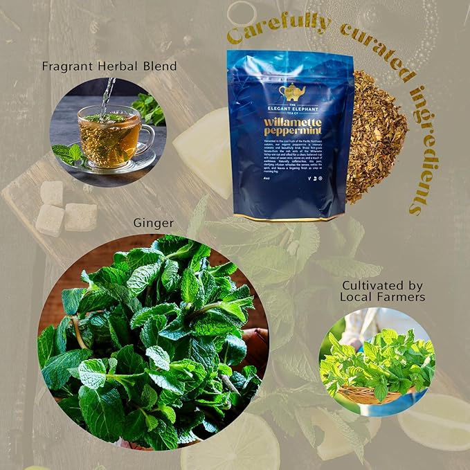 Willamette Peppermint Tea, Organic Loose Leaf Mint Herbal Tea – Soothing, Caffeine-Free – Refreshing Hot or Iced – 4 oz Resealable Bag (Makes 50 Cups) – The Elegant Elephant