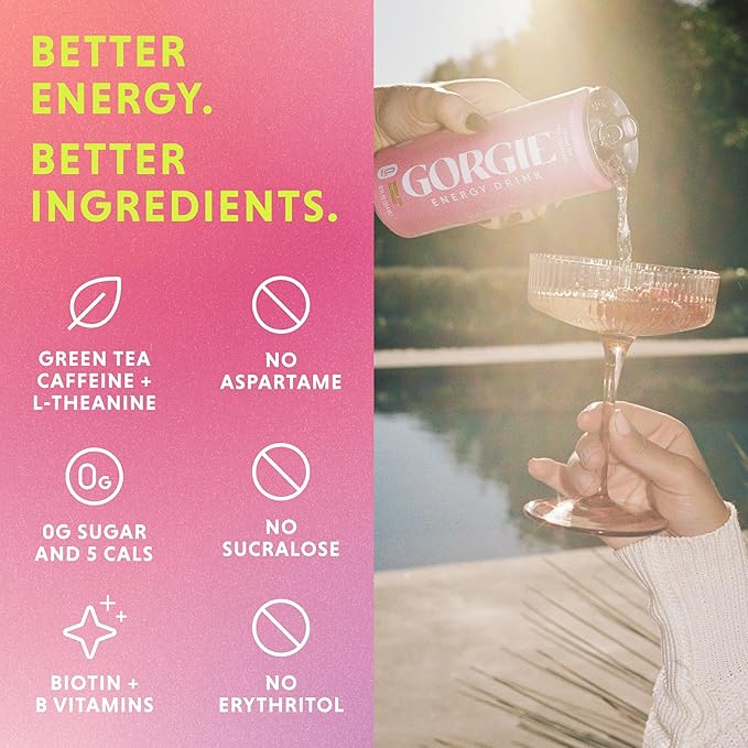 GORGIE Sugar-Free Natural Energy Drinks, Pink Lemonade (12 Pack) - Healthy Energy Drink - Natural Coffee Replacement with Green Tea Caffeine and Biotin, 150mg Caffeine, Vegan, Low Calorie