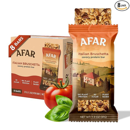 Afar Savory Protein Bars – Low Sugar, High Protein – Healthy Snacks for Adults – Meal Replacement Bar – Rice Crispy Texture – Vegan, Gluten Free (8 Bars, Italian Bruschetta)