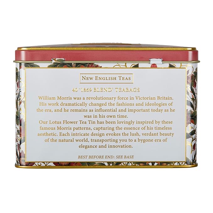 New English Teas Victorian Lotus Flower Tea Tin with 40 Traditional 1869 Blend Teabags, Inspired by Embroidery & Textile Designs