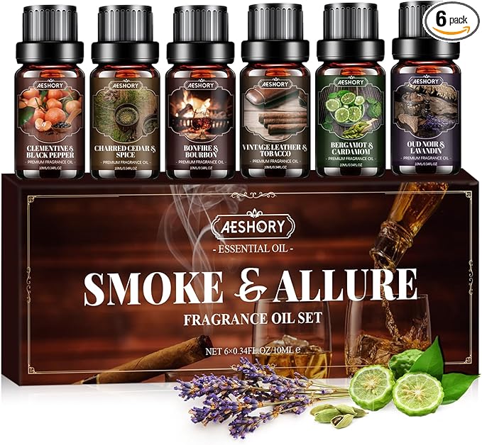 Men Essential Oils Set, Fragrance Oil for Diffuser, Leather, Tobacco, Cedar, Bourbon Whisky, Bergamot, Candle Scents for Candle Making, Soap Making Supplies, Man Aromatherapy Diffuser Oils Kit(6x10ML)